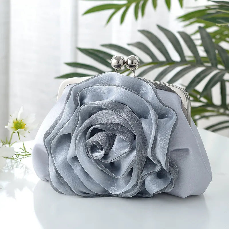 New Fresh Rose Flower Banquet Bag Satchel Crossbody Qipao Bag New Year Handbag Square Silk Surface Chain Bag Sweet Style