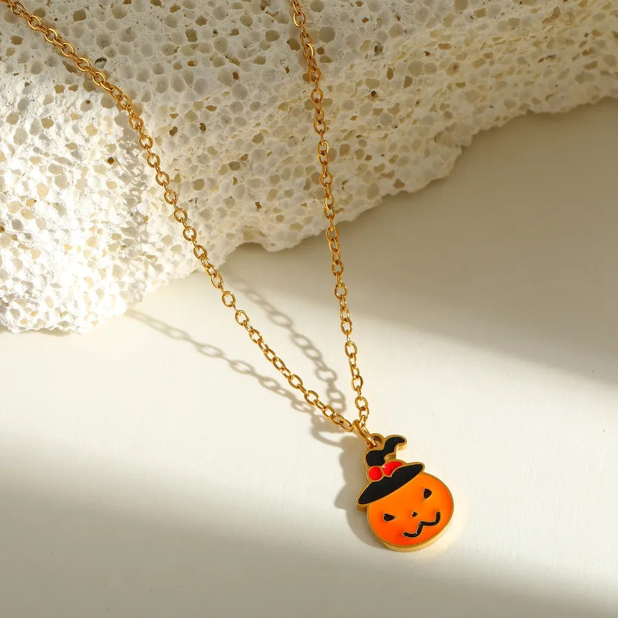 Halloween Series Stainless Steel 18K Gold Plated Drip Oil Hat Bat Pendant Necklace Funny Design Festival Jewelry Accessory