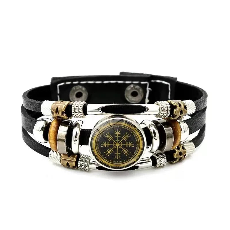 New Alloy Beads Woven Bracelet Nordic Viking Pirate Aoding Logo Compass Leather Bracelet for Men and Women
