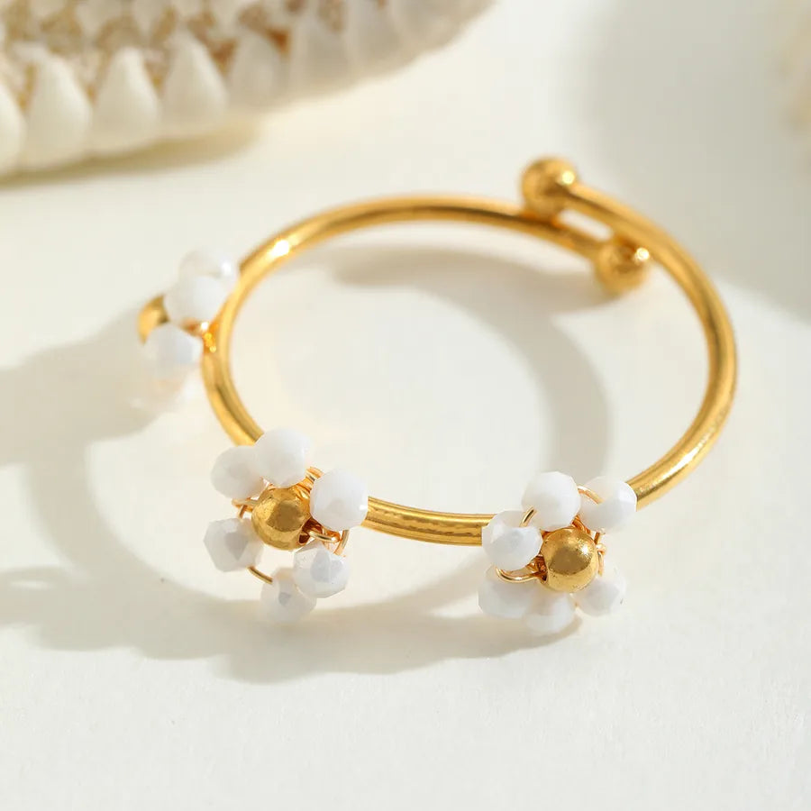 Wholesale Jewelry Casual Cute Simple Style Flower 304 Stainless Steel Crystal 18K Gold Plated Plating Inlay Open Rings