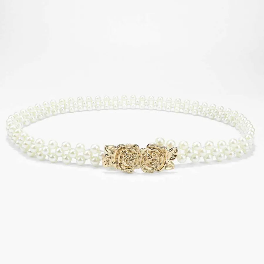 sweet oval flower bow knot imitation pearl metal inlay rhinestones women's chain belts