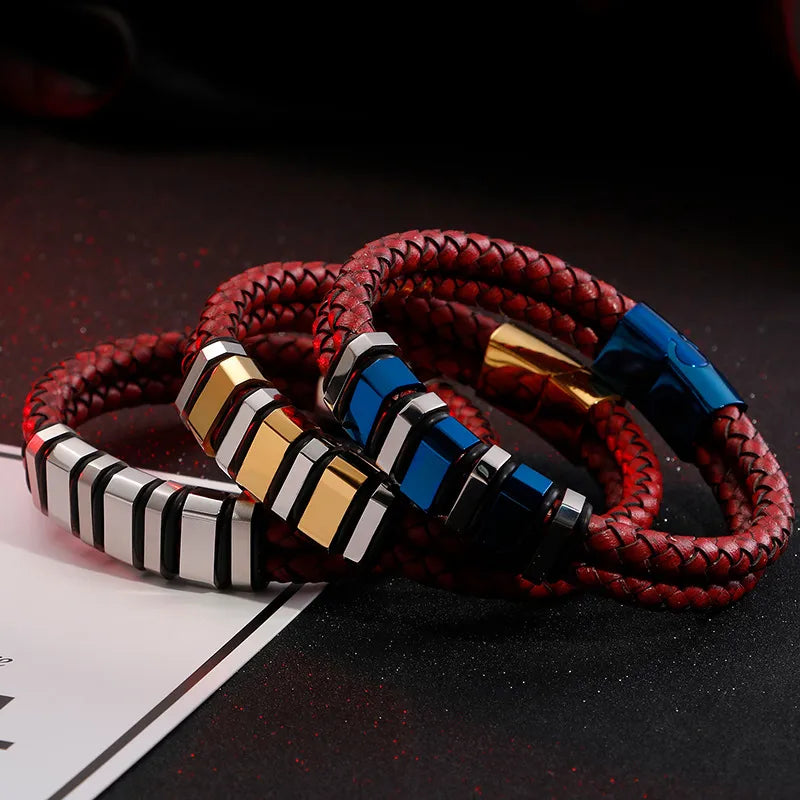 Hip-Hop Retro Color Block Pu Leather Titanium Steel Plating 18K Gold Plated Men's Bracelets
