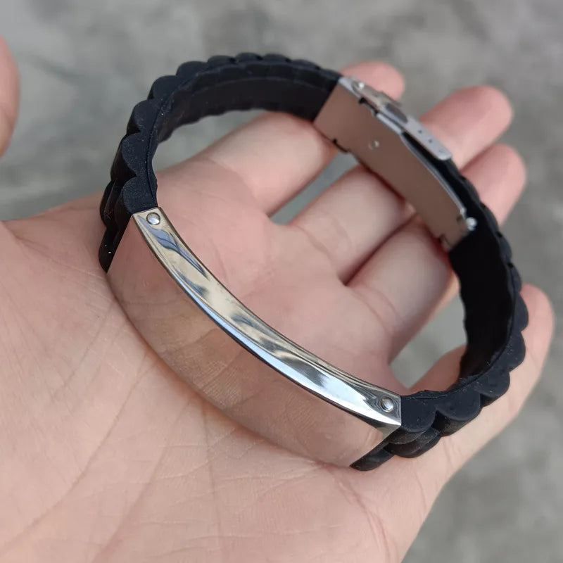 supply  silicone stainless steel bracelet lettering glossy black plated bracelet accessories men's jewelry manufacturer