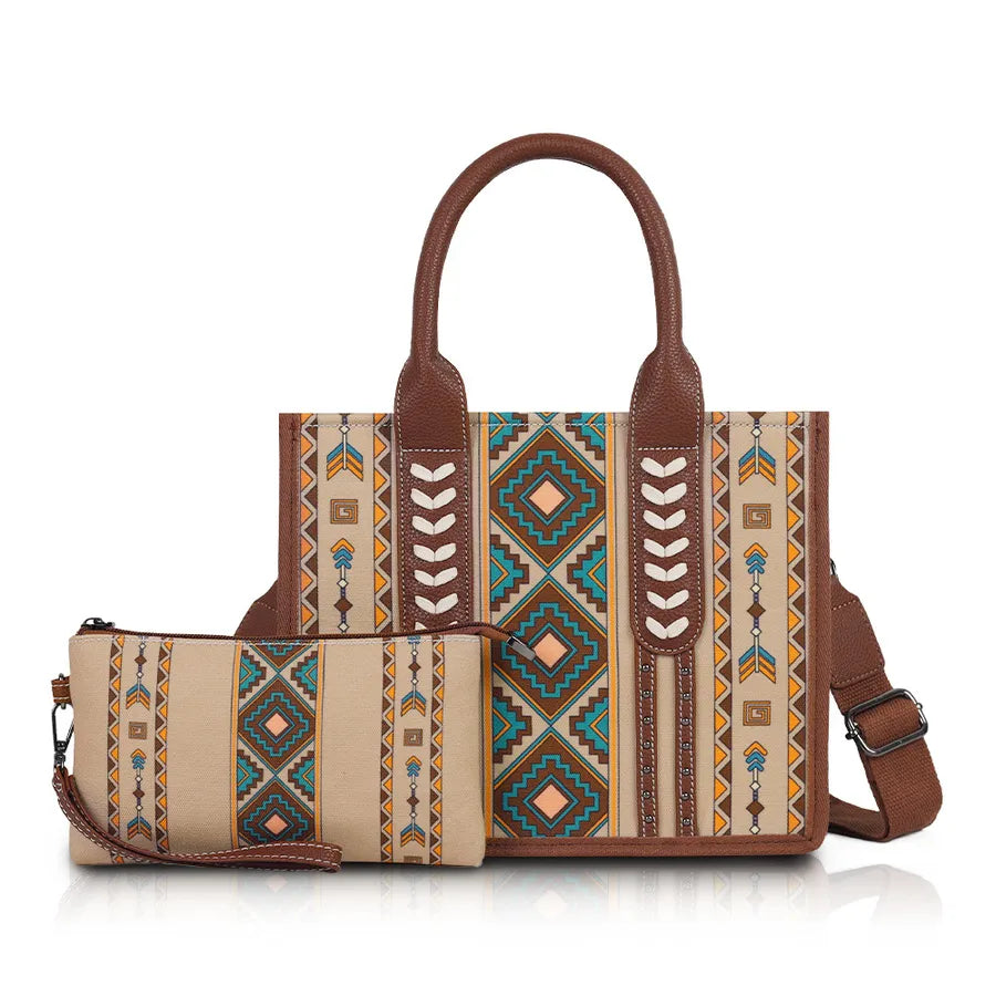 Women's Medium Canvas Stripe Vintage Style Square Zipper Bag Sets Handbag