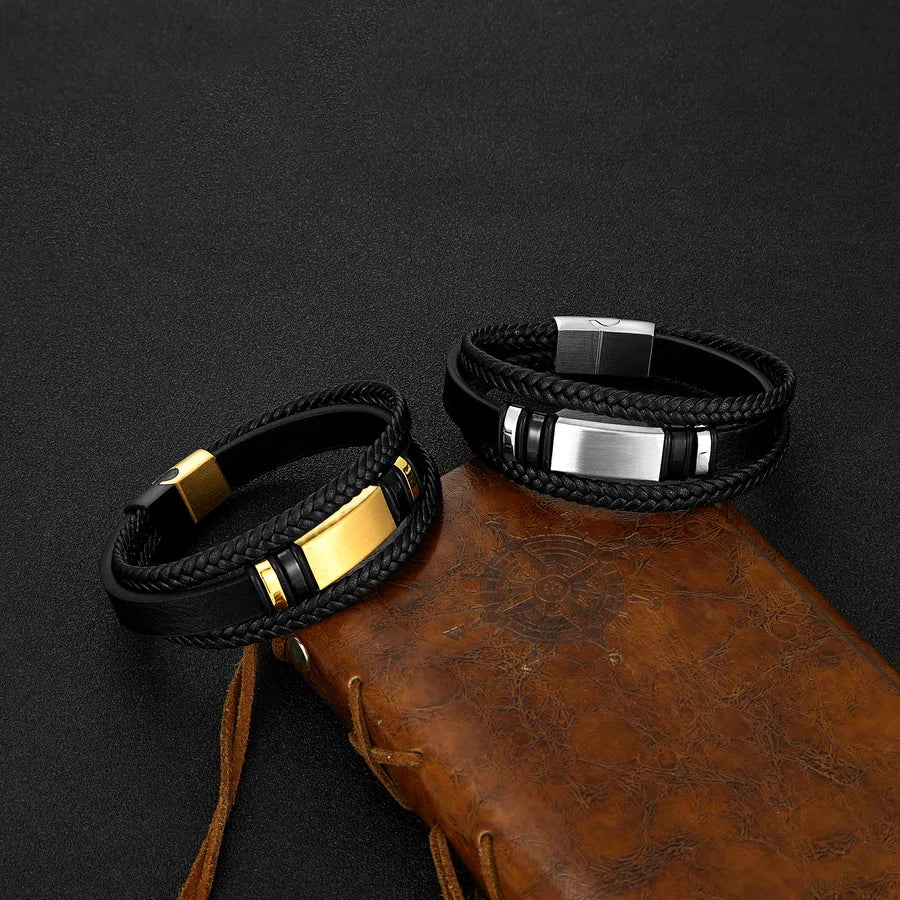 Exaggerated Geometric 316L Stainless Steel  Pu Leather Men's wristband Men Cord & Leather Bracelets