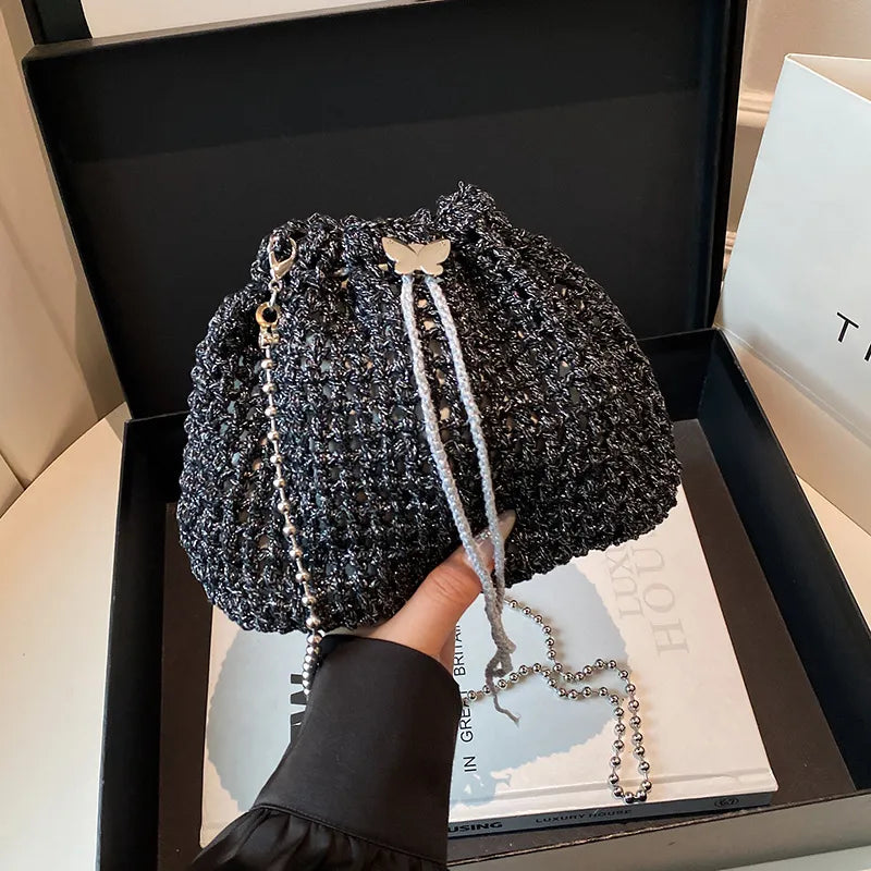 Special-Interest Design Hollow Knit Woven Women's Cross-Body Bag, Fashion Crocheted Bucket Bag, Versatile Chain Small Bag