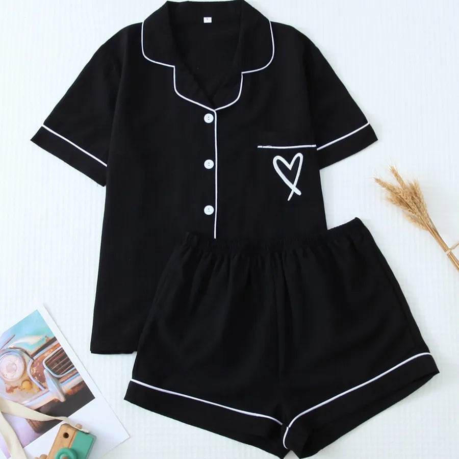 Home Women's Vacation Simple Style Heart Shape Polyester Shorts Sets Pajama Sets