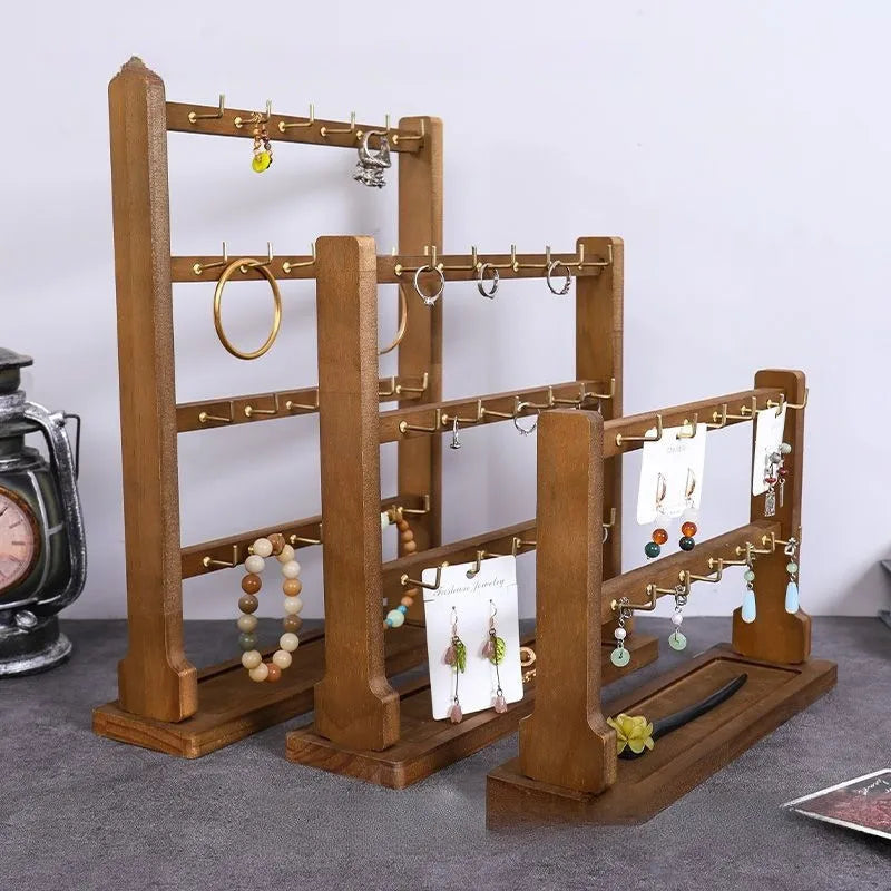 Wooden Jewelry Display Stand Earring Necklace Bracelet Organizer Artistic Style Market Stall Hook Keychain Holder Storage Rack