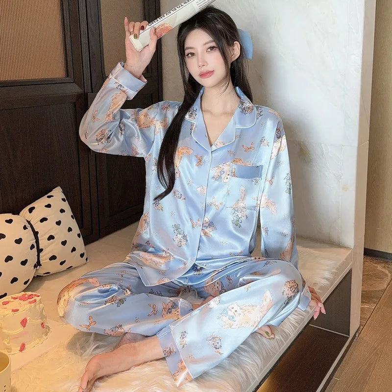 French Anti-Aging Sleepwear Women's Spring Autumn New Simple Polka Dot Long Sleeve Long Pants Ice Silk Home Clothes Fashion Set
