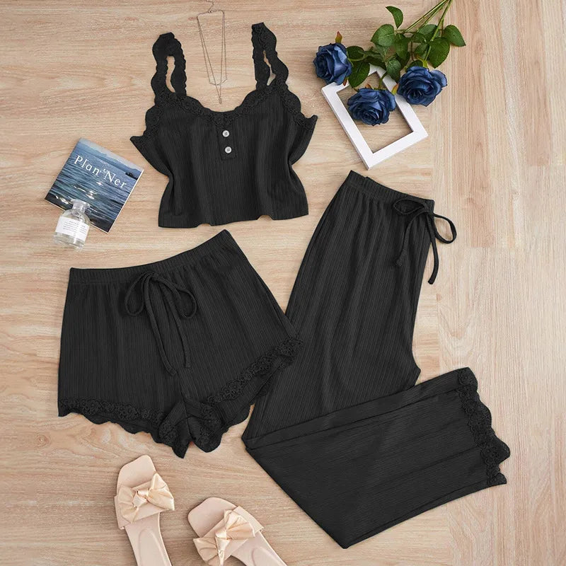 Europe and the United States  foreign trade new lace lace pit vest trousers pajamas women wear slim three-piece suit