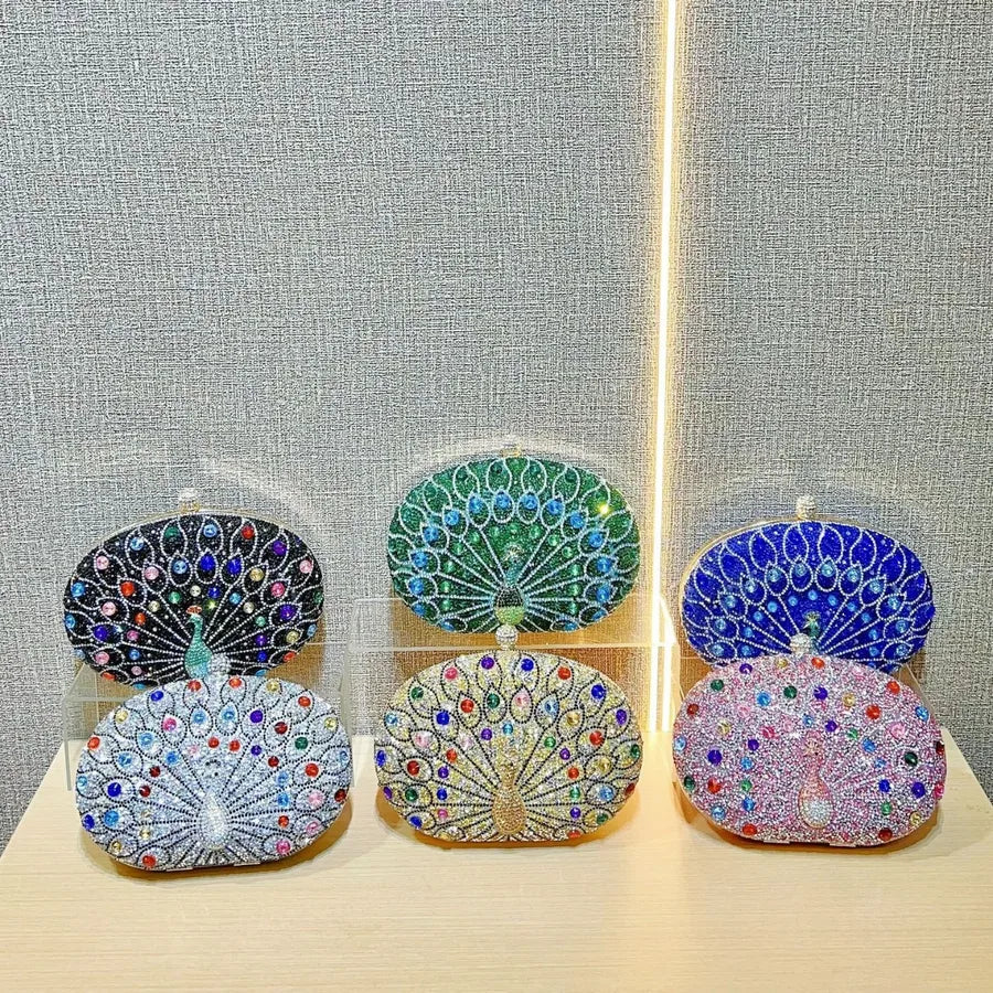 Green Silver Black Polyester Peacock Oval Evening Bags