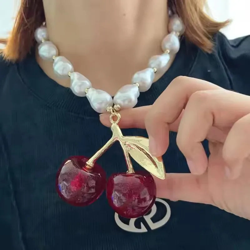Elegant Luxurious Romantic Cherry 18K Gold Plated Imitation Pearl Resin Copper  Statement Necklaces Wholesale