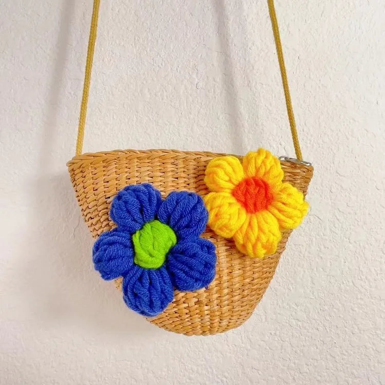 Kid'S Straw Color Block Flower Cute Bucket Zipper Shoulder Bag