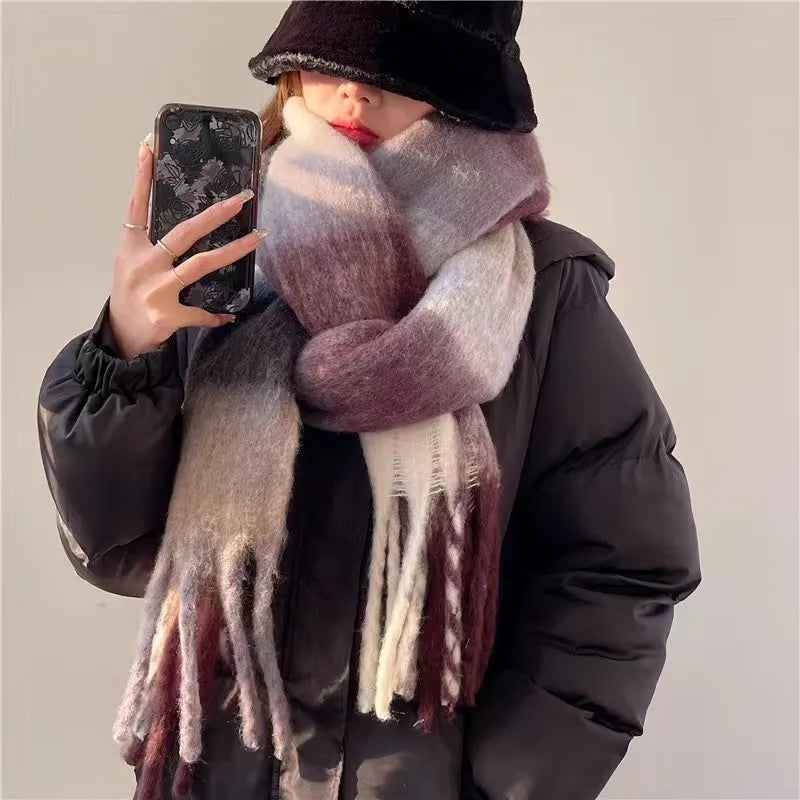 women's simple style lattice imitation cashmere tassel scarf