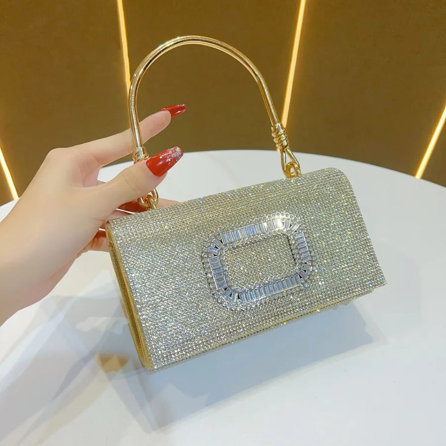 Fashionable Luxury Clutch Bag Diamond Embellished Evening Bag Wedding Reception Lady's Handbag Square Polyester Shoulder Bag