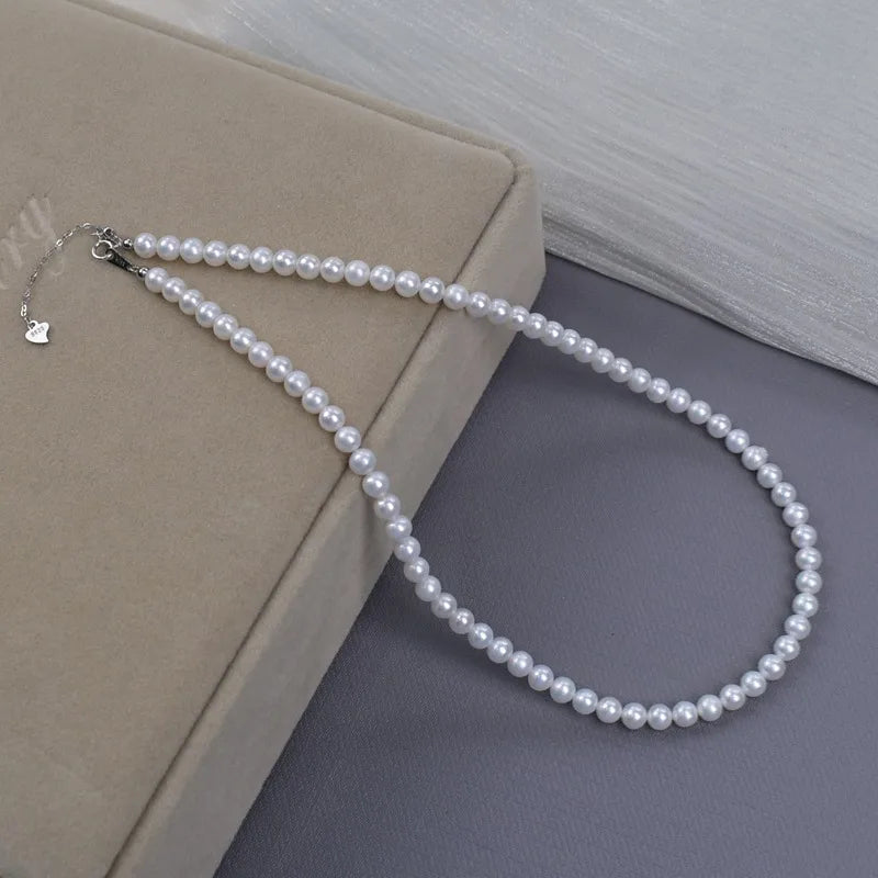 Aurora White Near-Round 5mm Freshwater Pearl Necklace For Women Simple Luxury Versatile S925 Silver Clavicle Chain Jewelry