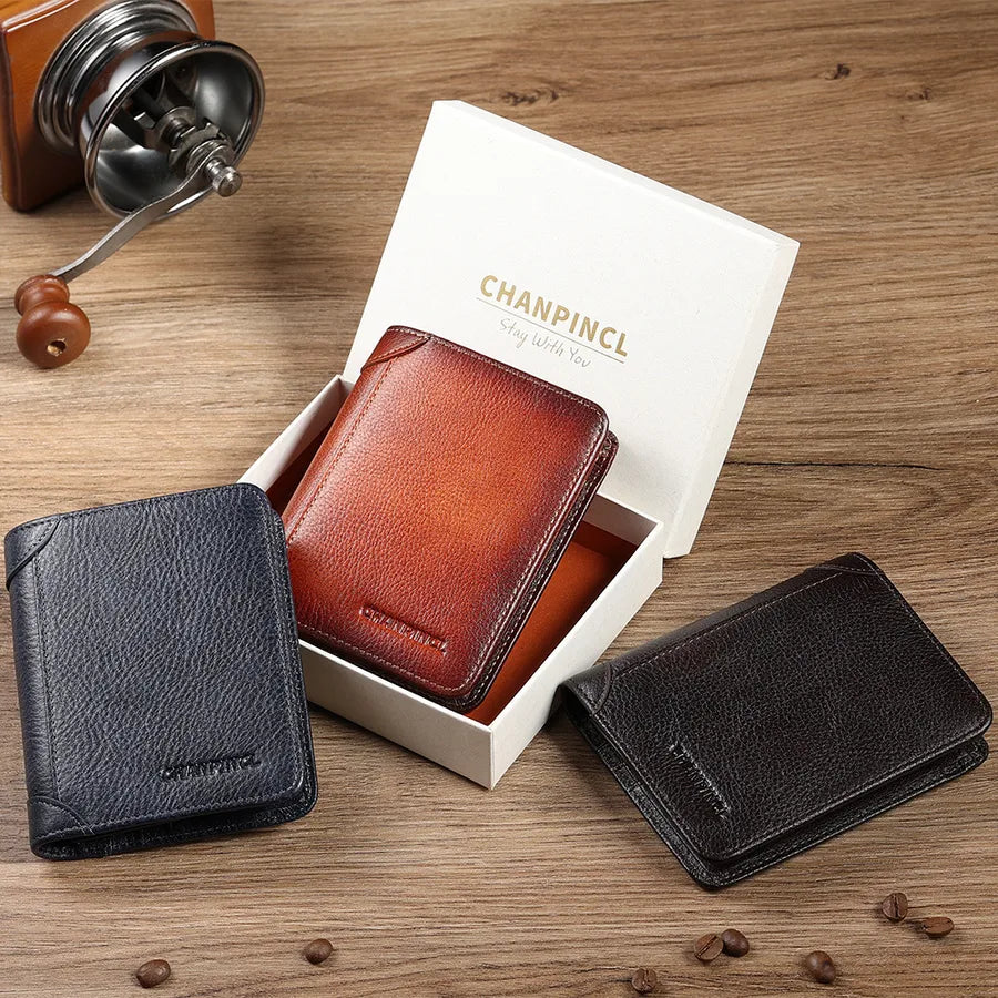 men's solid color leather zipper small wallets