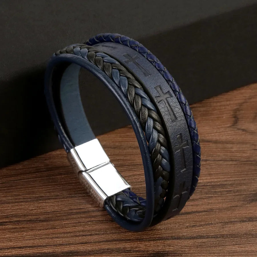 streetwear cross color block pu leather alloy men's bangle
