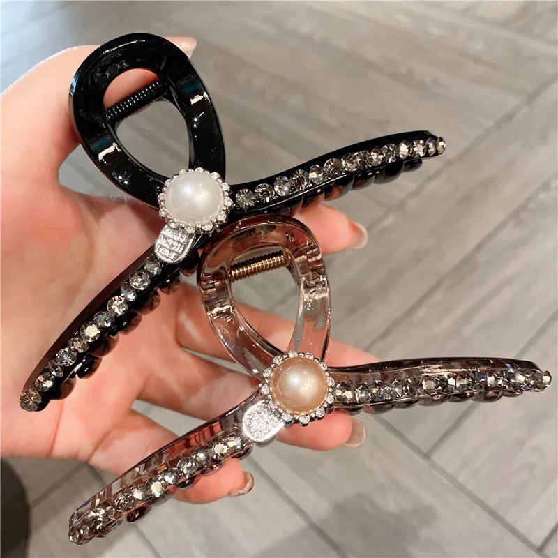 Elegant Pearl Embedded Diamond Acrylic Hair Claw Women's Large Transparent Simple Luxury Sweet Headwear Fashionable Hairpin