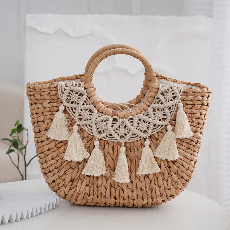 Women's Medium Aquatic Plants Solid Color Elegant Streetwear Straw Square Open Handbag