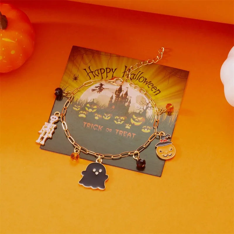 Halloween Elements Pumpkin Devil Paper Card Metal Bracelet Dark Style Cartoon Design Alloy Material Women's Fashion Jewelry