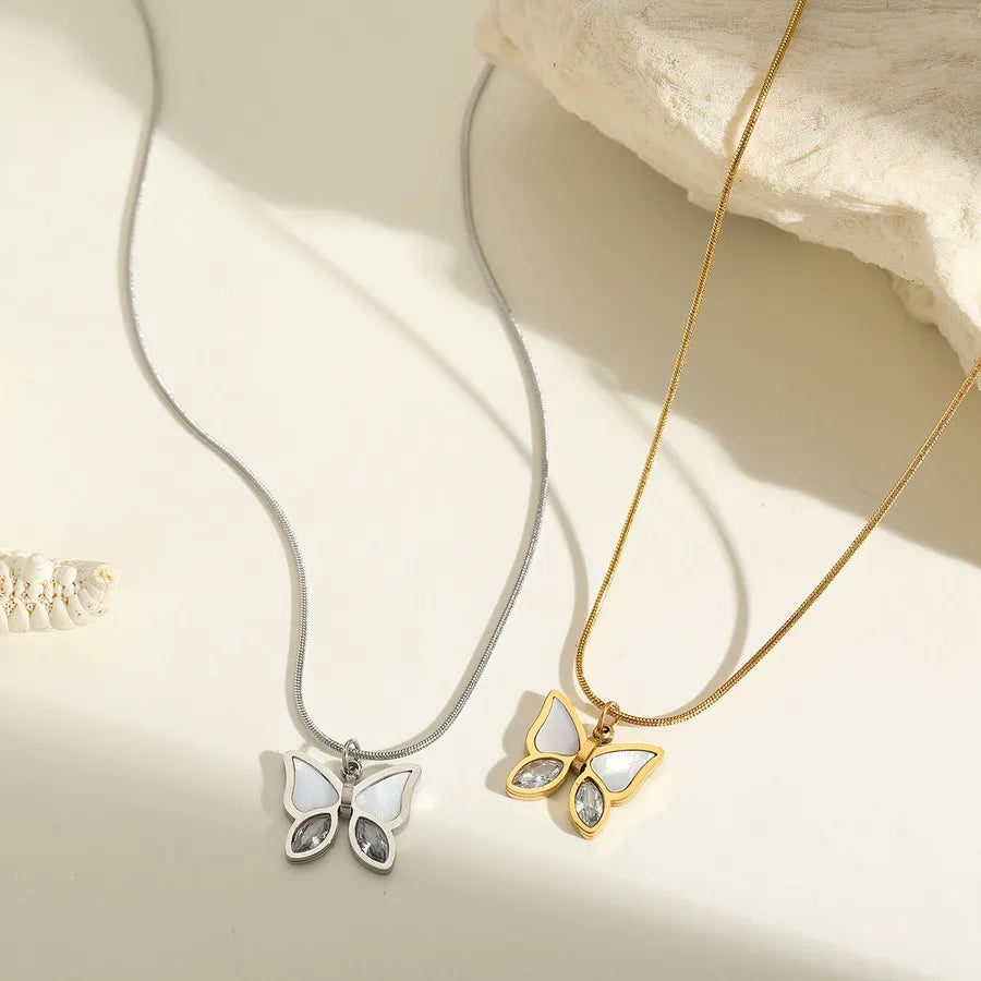 Wholesale Jewelry Classical Cute Lady Solid Color Butterfly 304 Stainless Steel Acrylic Zircon 18K Gold Plated Twisted Rope Chain Pendant Necklace