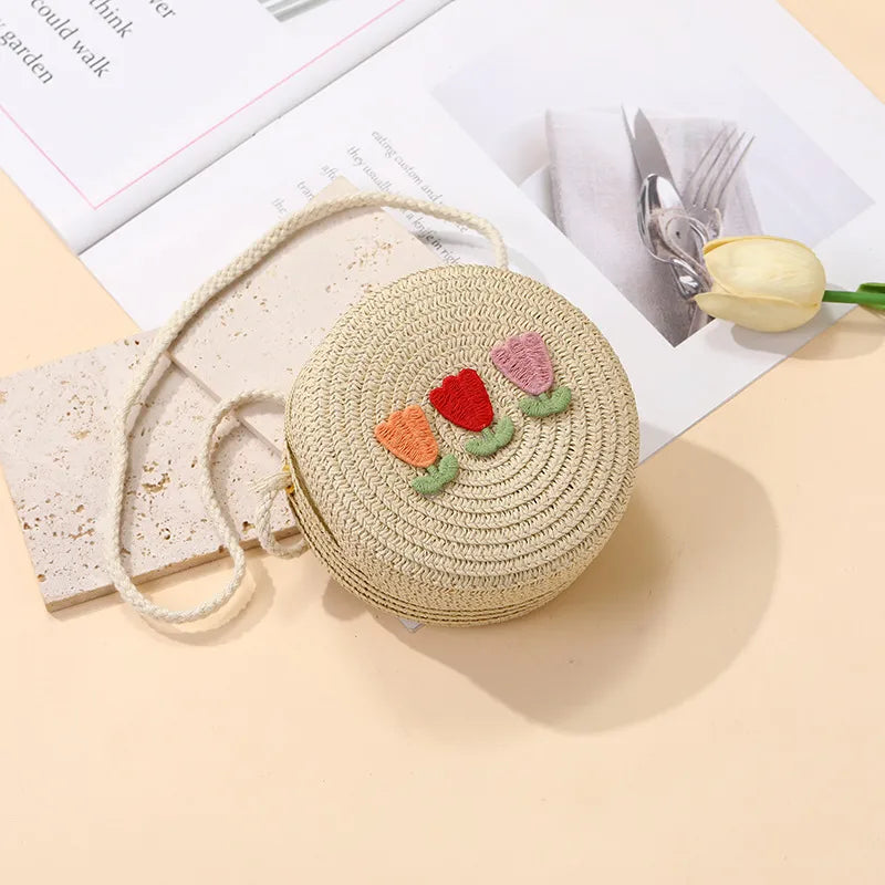 Summer Back Seaside Woven Children's Bag Female All-Match and Cute Little Girl Tulip Straw Bag Vacation Style