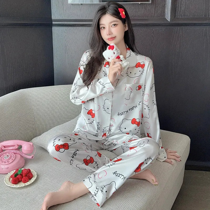 French Anti-Aging Sleepwear Women's Spring Autumn New Simple Polka Dot Long Sleeve Long Pants Ice Silk Home Clothes Fashion Set