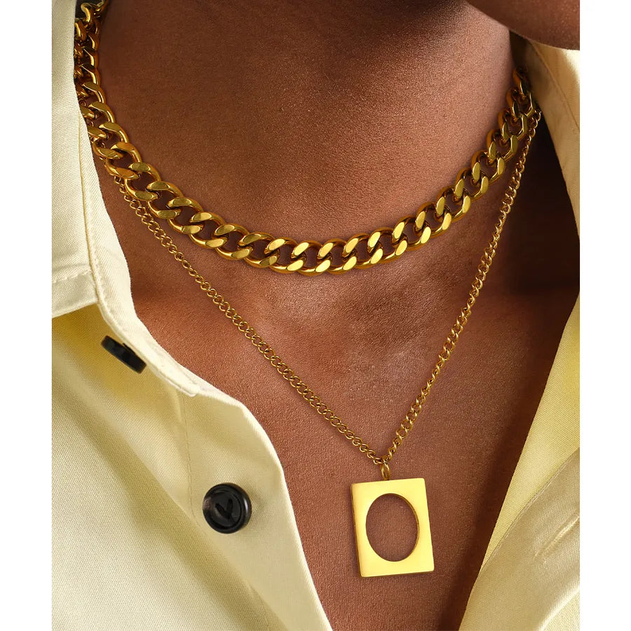 Wholesale Jewelry Modern Style Shiny Rectangle 304 Stainless Steel Cuban Link Chain Curb Chain Double Layer Necklaces