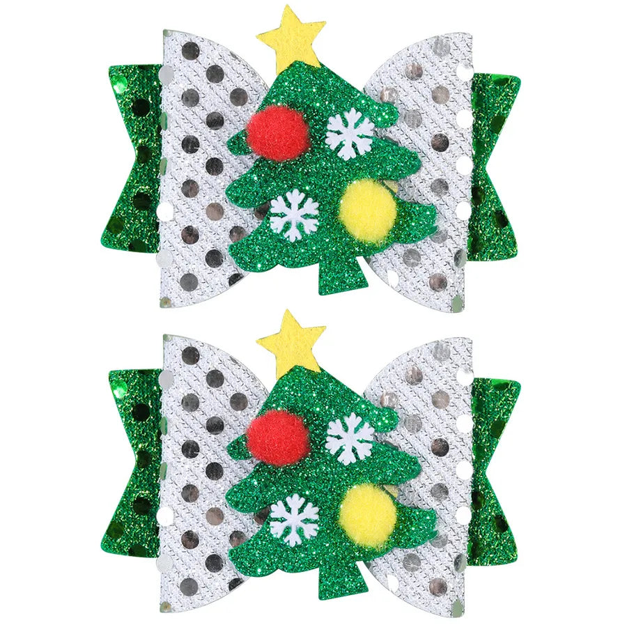 Christmas Tree Butterfly Knot Hair Clip Children's Party Girl Accessories Cute Cartoon Edge Hair Decorations Leather Material