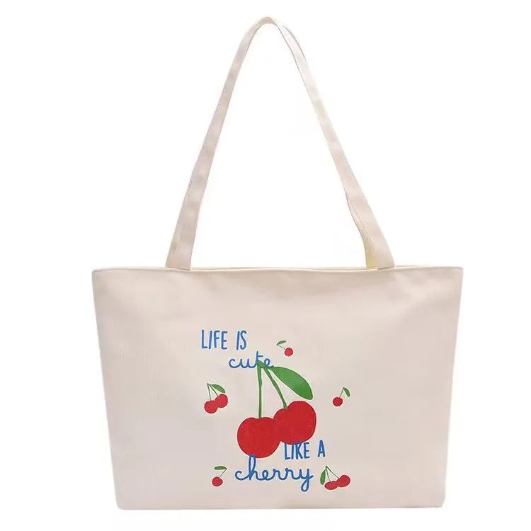 Women's Canvas Cherry Cute Sewing Thread Square Zipper Canvas Bag Tote Bag