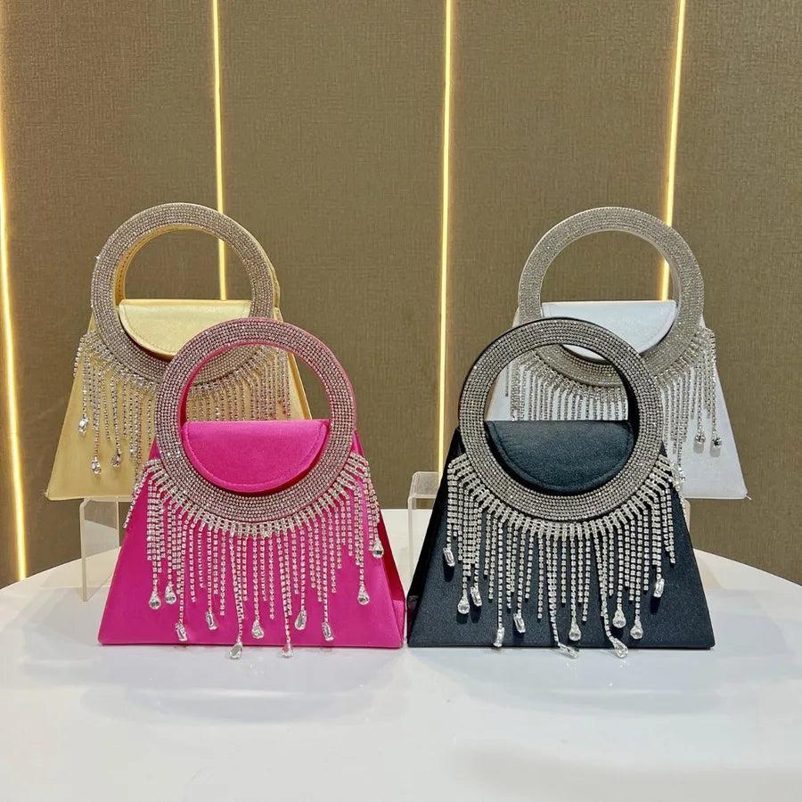 Elegant Diamond Embedded Women's Evening Bag Fashionable Crossbody Handbag High-End Sensation Bride Handbag Square Shape Polyester Material