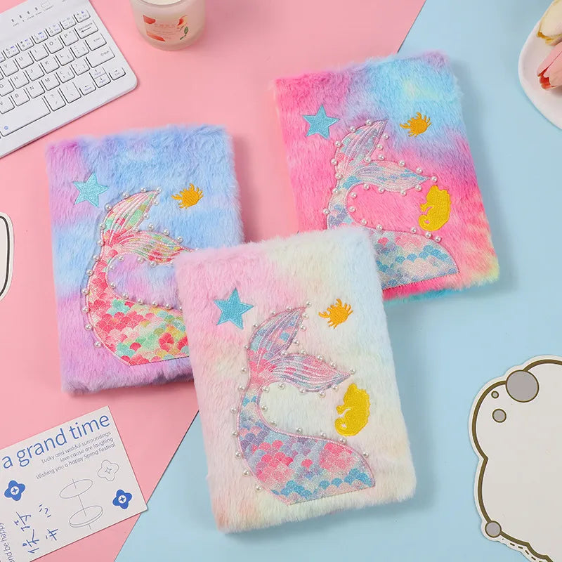 Cute Mermaid Tail Plush Notebook Student Study Diary Book Cartoon Learning Record Book Lovely Girl Handmade Bullet Journal