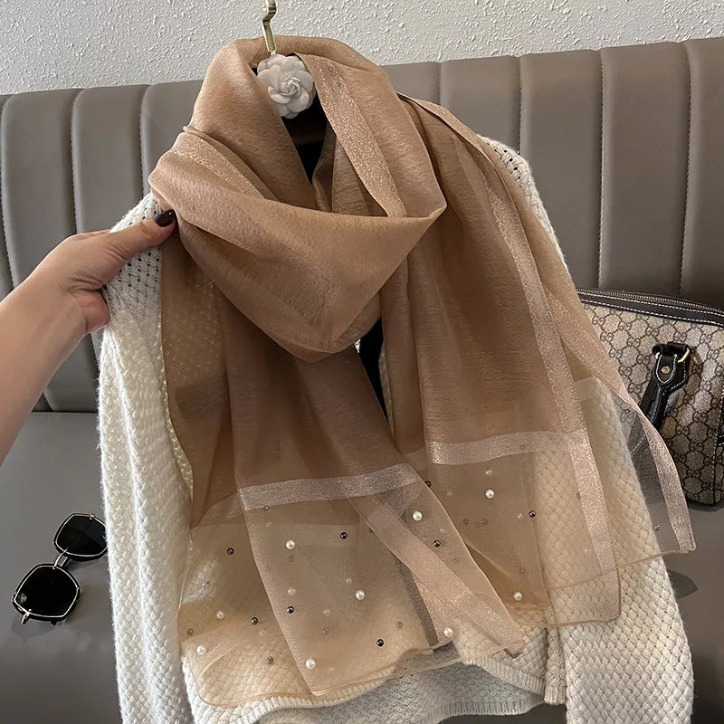 women's simple style color block satin pearl silk scarf