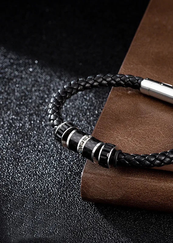 Shijia  Leather Rope Bracelet for Boys Japanese and Korean Fashion Black Transfer Bead Woven Bracelet Titanium Steel Leather Rope Bracelet for Men