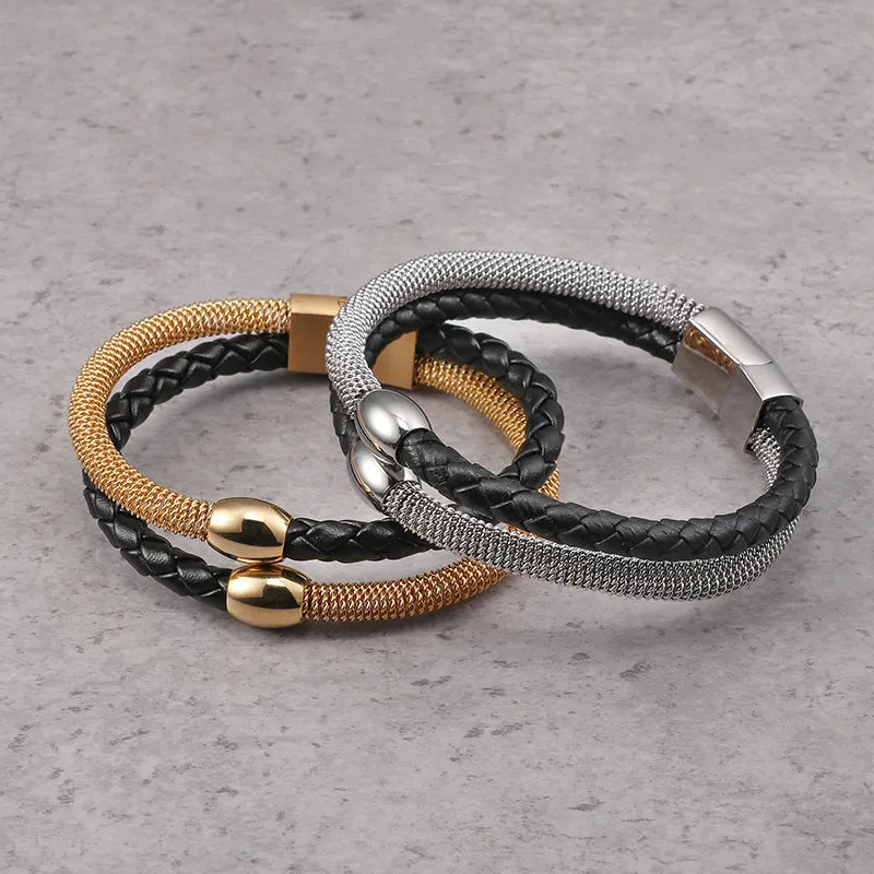 Hip-Hop Retro Geometric Pu Leather Titanium Steel Plating 18K Gold Plated Men's Bracelets