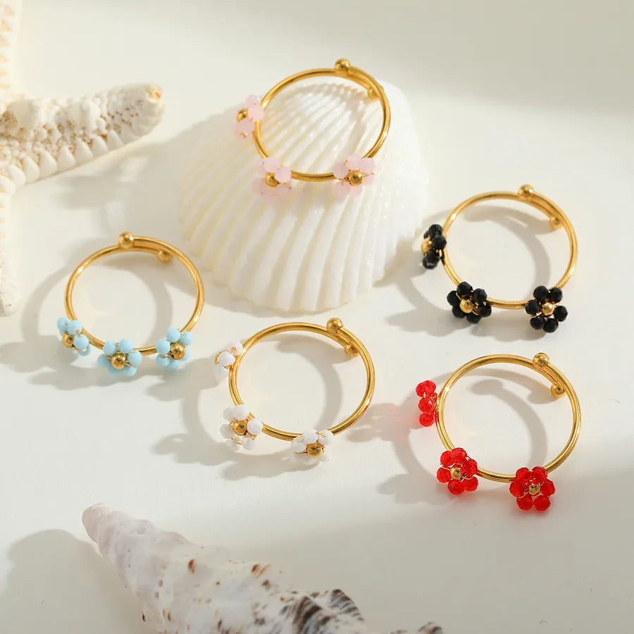 Wholesale Jewelry Casual Cute Simple Style Flower 304 Stainless Steel Crystal 18K Gold Plated Plating Inlay Open Rings