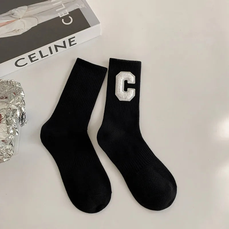 women's casual letter solid color cotton crew socks a pair