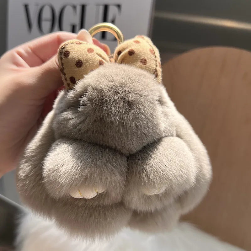 Cute real Rex rabbit fur bow rabbit car key chain pendant plush doll schoolbag bag hanging ornaments wholesale