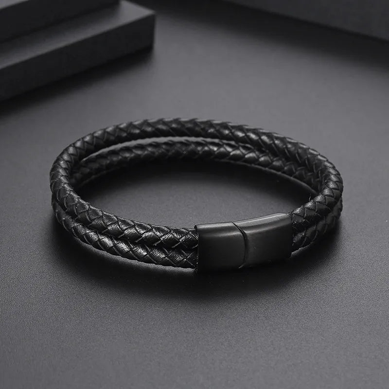 Retro Solid Color 304 Stainless Steel Pu Leather Handmade Men'S Bangle