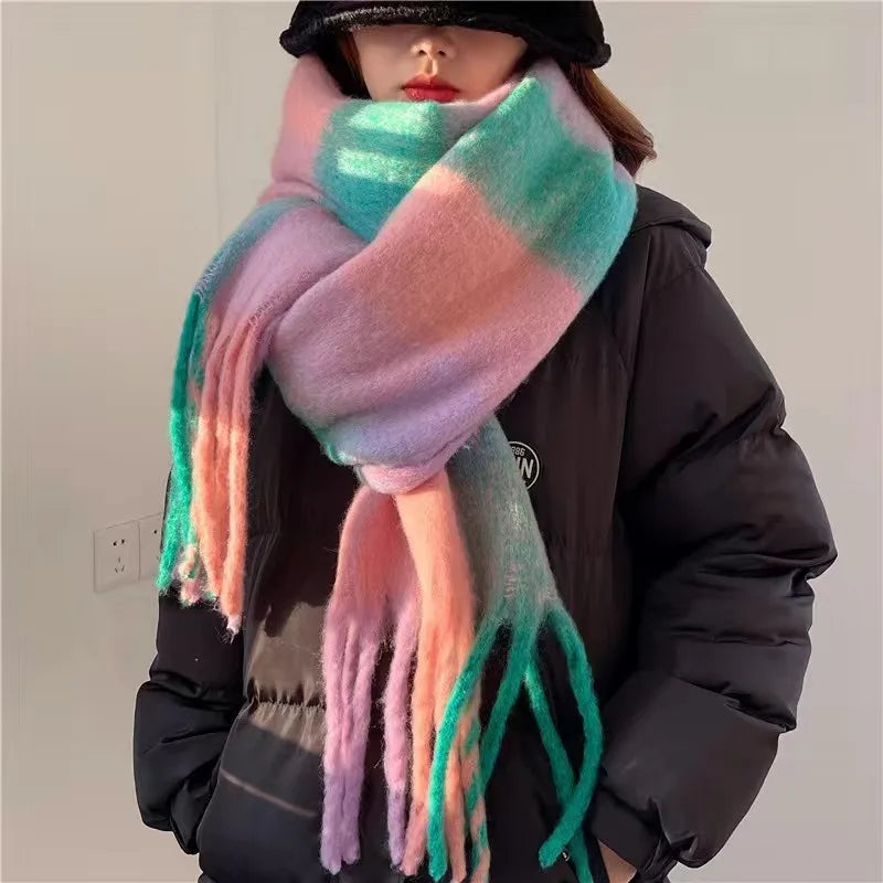 women's simple style lattice imitation cashmere tassel scarf