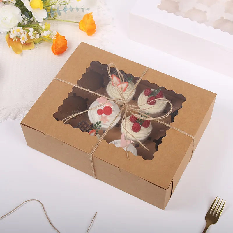 12-Pack Cupcake Boxes Pastry Baking Paper Transparent Window Cake Packaging Boxes Pastries Storage Simple Style Egg Tart Boxes