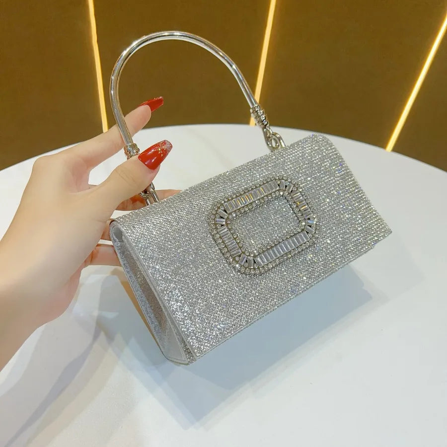 Fashionable Luxury Clutch Bag Diamond Embellished Evening Bag Wedding Reception Lady's Handbag Square Polyester Shoulder Bag
