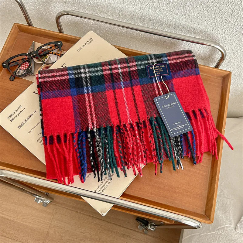 Women's Retro Plaid Polyester Tassel Scarf
