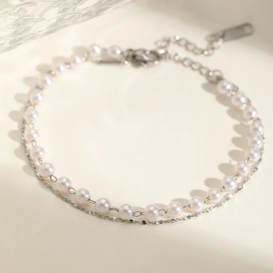 Cute Lady Romantic Geometric Solid Color 304 Stainless Steel 18K Gold Plated Imitation Pearl cable chain Double-Layer Bracelet Multi Charms Bracelet In Bulk