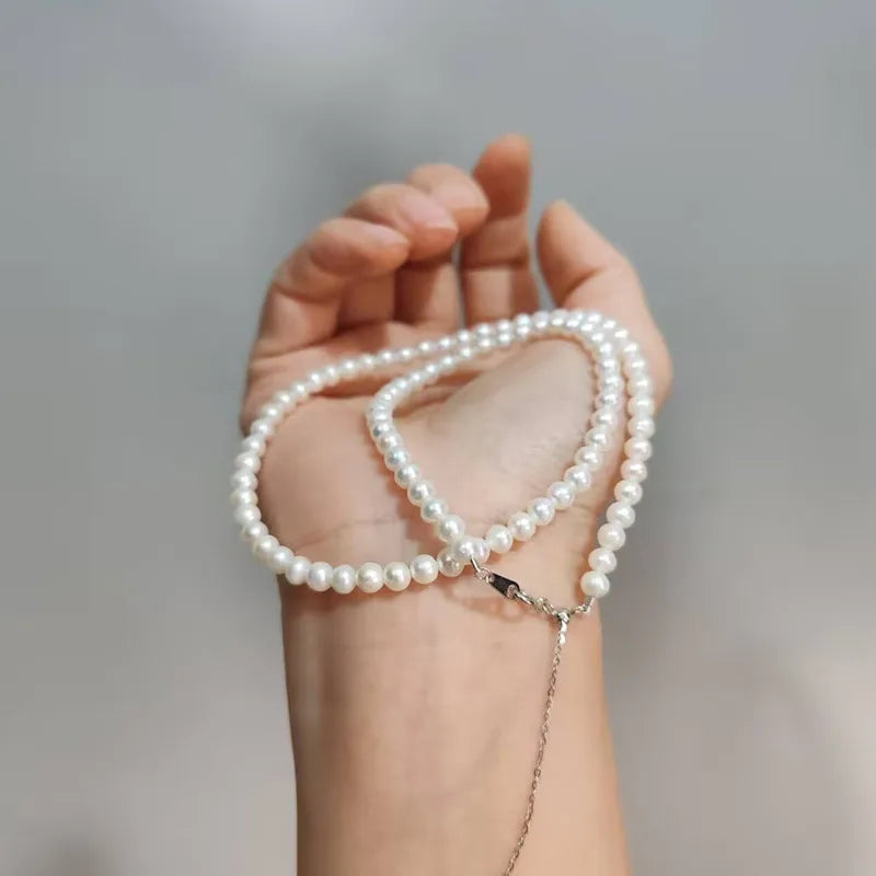 Natural Freshwater Pearl Necklace 925 Silver Near Round Small Pearls Fashion Simple Chain Jewelry Accessory