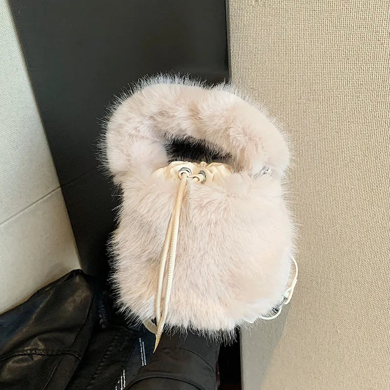 Women's Plush Solid Color Streetwear Bucket String Shoulder Bag Crossbody Bag Bucket Bag