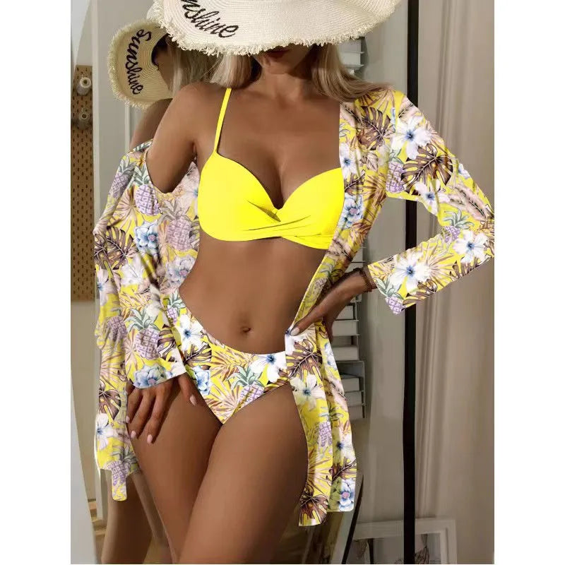 Women's Vacation Printing Solid Color 3 Pieces Set Bikinis Swimwear