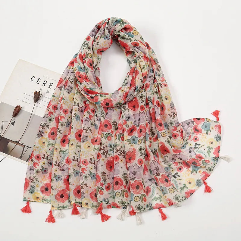 women's sweet flower cotton and linen tassel silk scarves