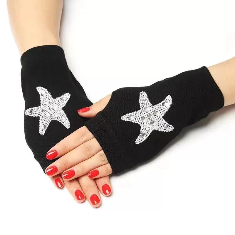 unisex retro bear owl flower knitted fabric gloves 1 pair